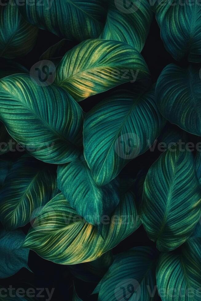 Lush green leaves with intricate patterns create vibrant, natural background. rich textures and varying shades of green evoke sense of tranquility photo