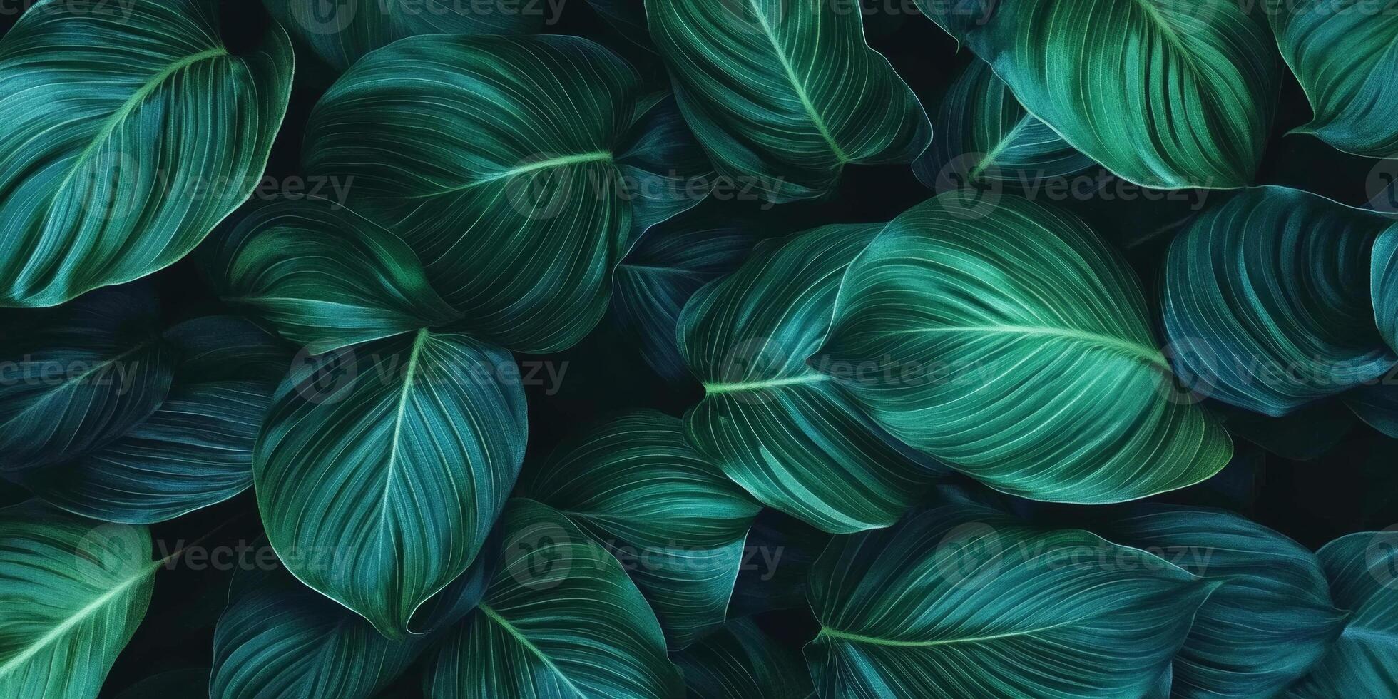 Lush green leaves with intricate patterns create vibrant background, evoking sense of tranquility and nature beauty. Perfect for design projects or nature themes photo