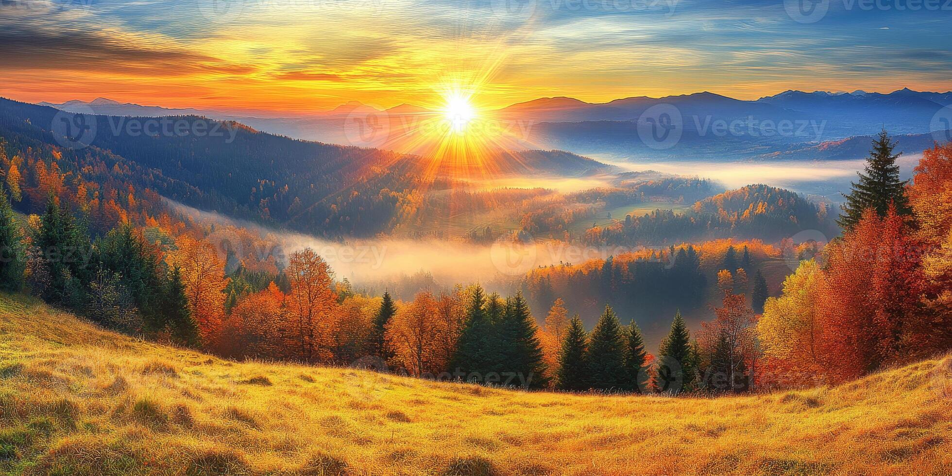 breathtaking sunrise over misty valley, surrounded by vibrant autumn foliage and mountains in distance, creating serene and picturesque landscape photo