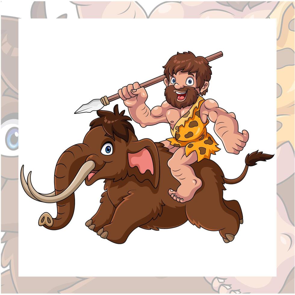 Cartoon young caveman riding mammoth vector