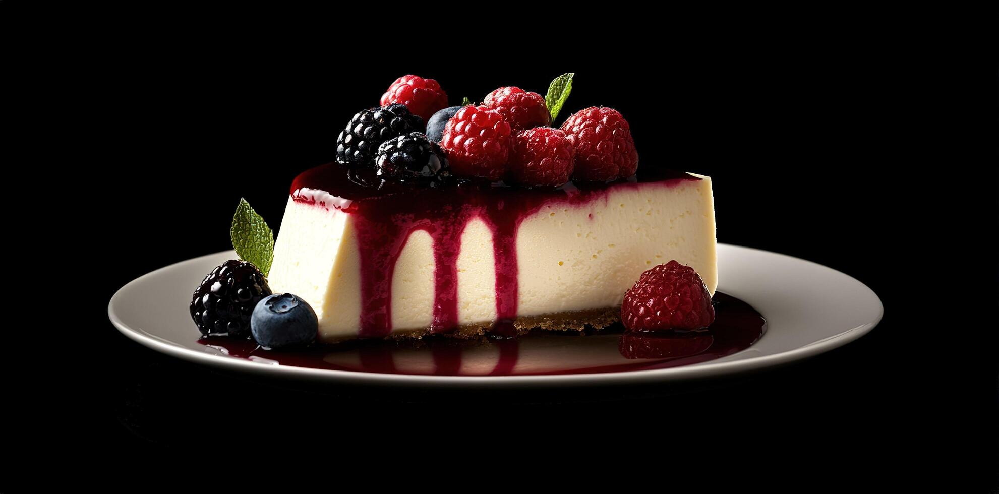 Delicious cheesecake with wild berries and berry sauce dripping on black background. photo