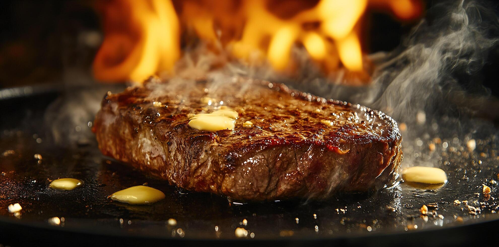 Delicious beef steak with melting butter cooking on grill in fiery flames. photo