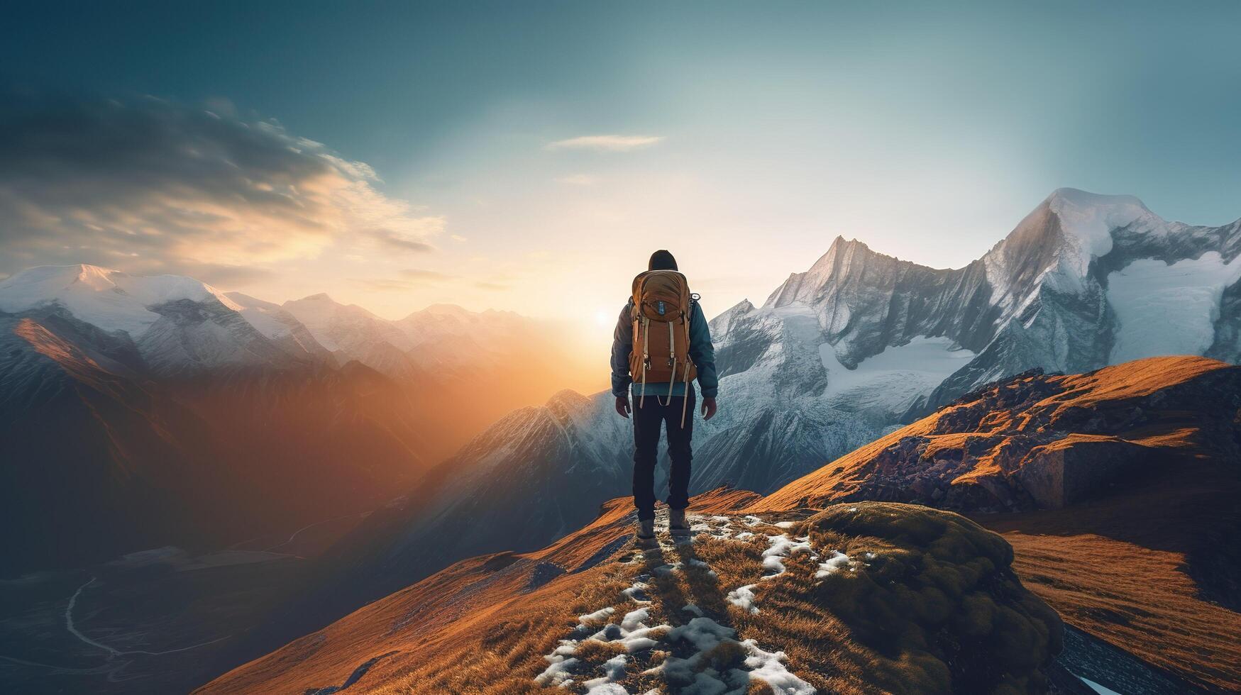 Hiker watching majestic mountain peaks during scenic sunset hike. photo