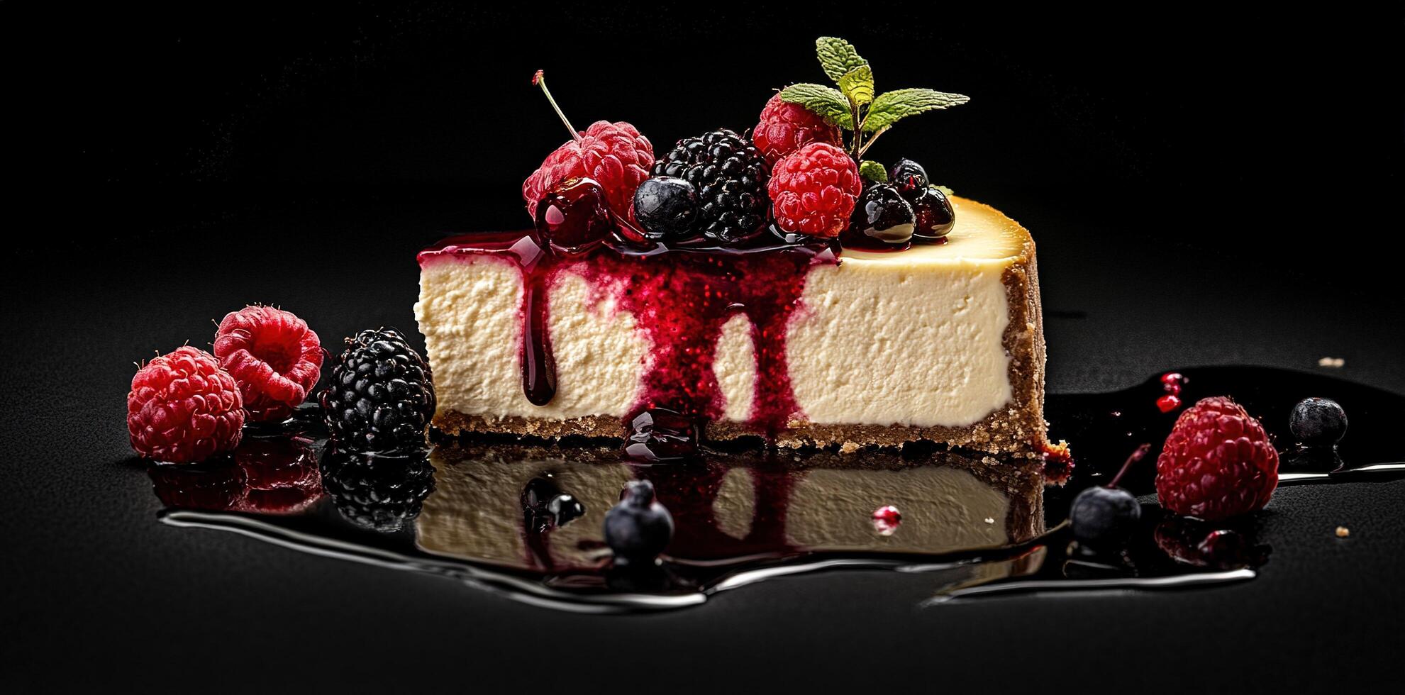 Delicious cheesecake with wild berries and berry sauce dripping on black reflective surface. photo