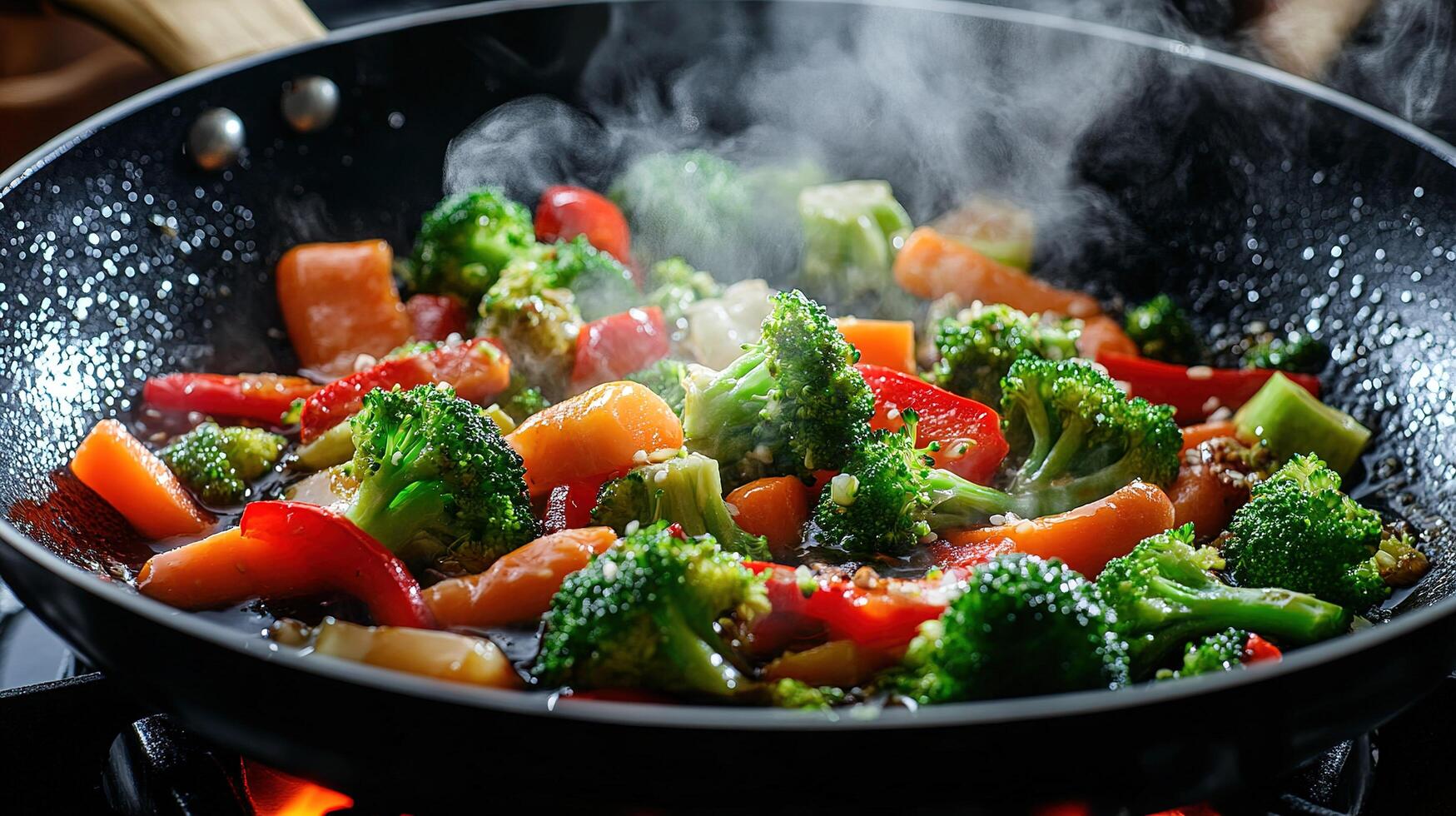 Steaming hot wok with fresh vegetables cooking on a stove. photo