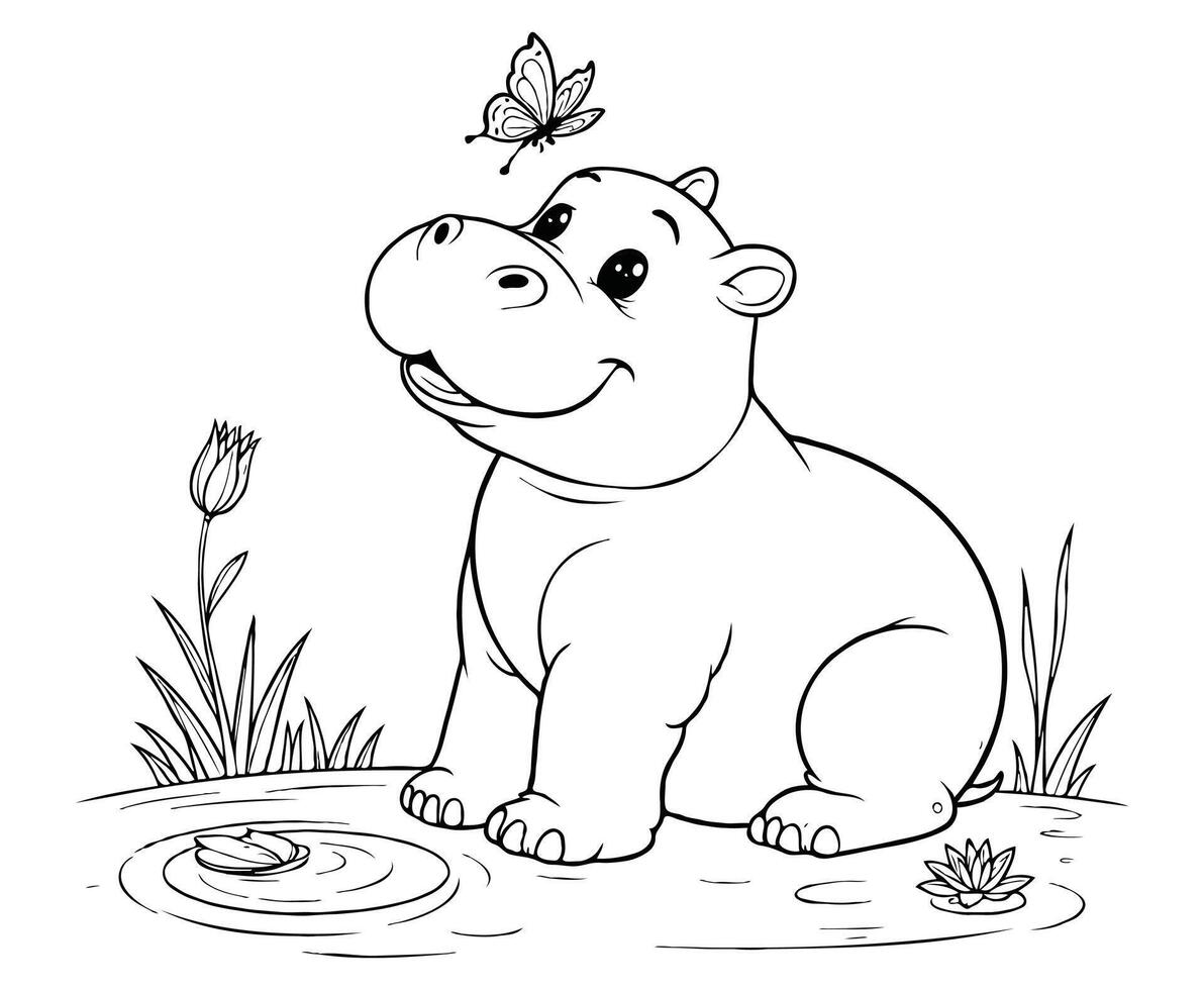 Baby Hippo with Butterfly Coloring Page for kids vector