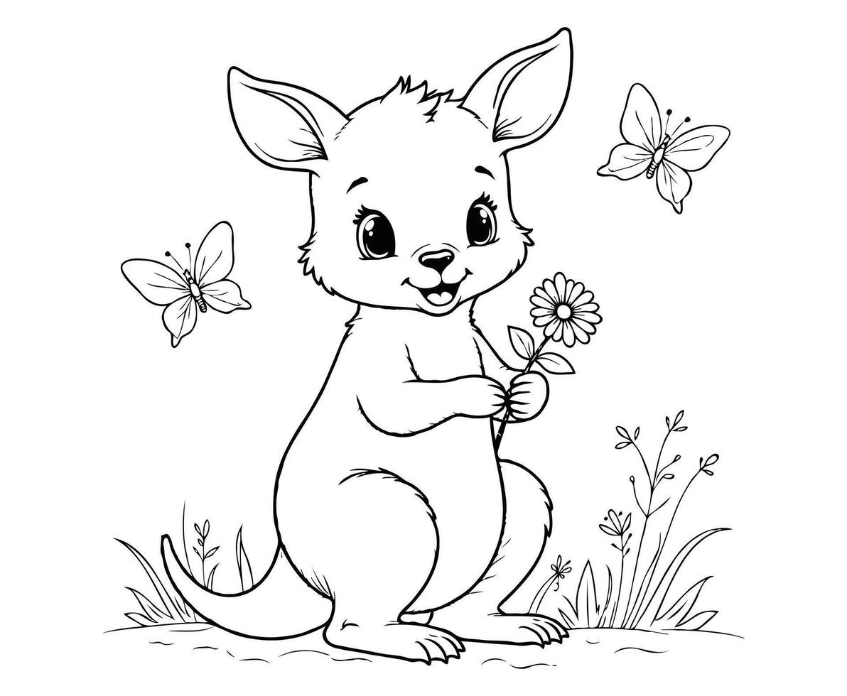 Baby Kangaroo with Butterflies Coloring Page for kids vector