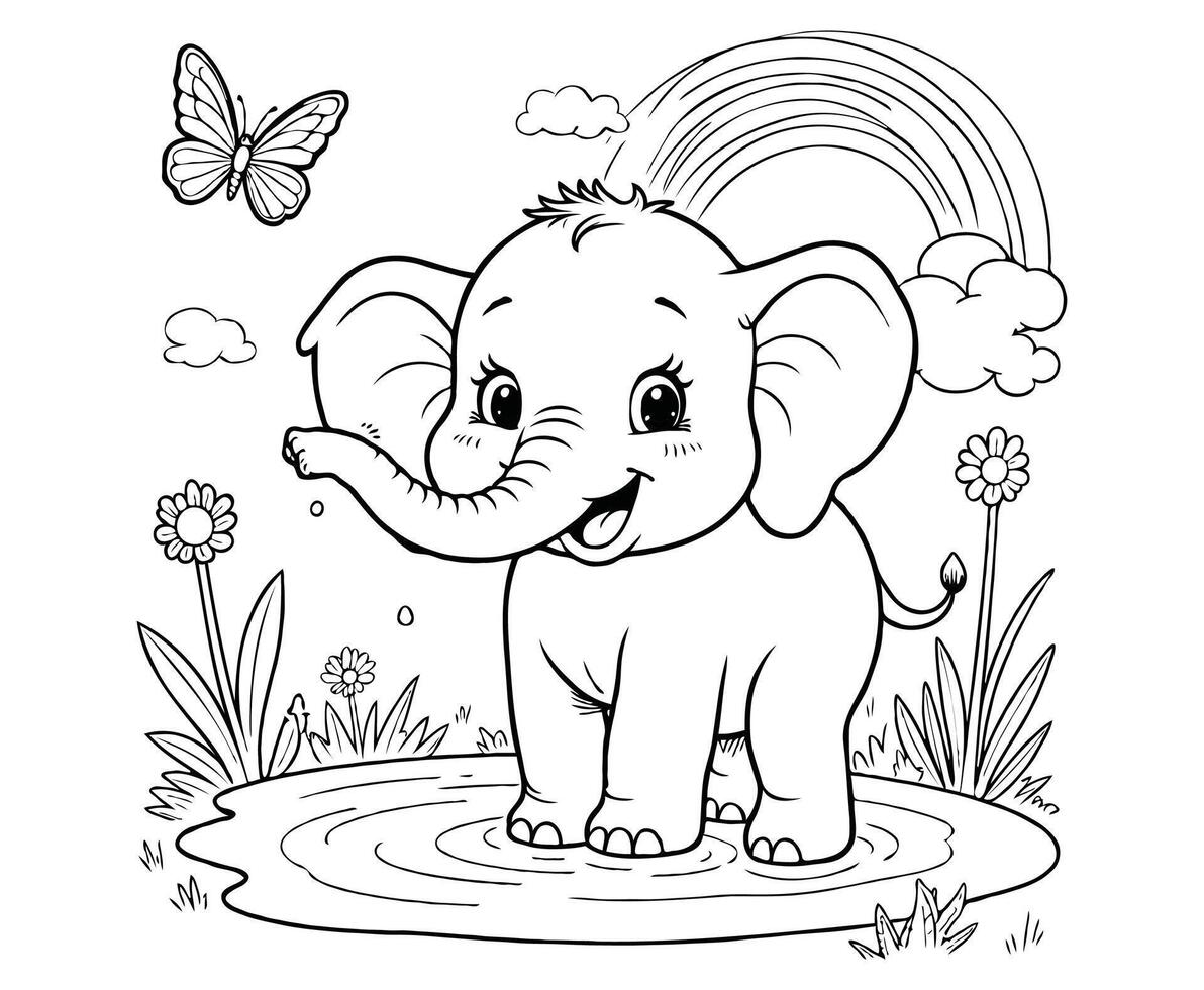 Baby Elephant Playing in Water coloring page vector