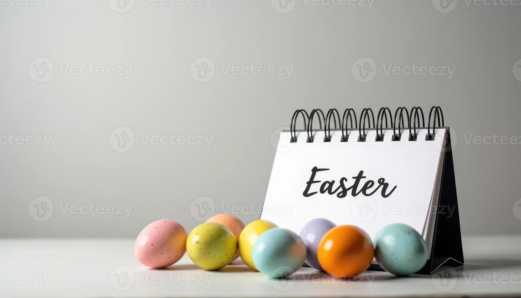 Spiral flip calendar with the inscription Easter in elegant typography, with colorful eggs placed on neutral background. photo