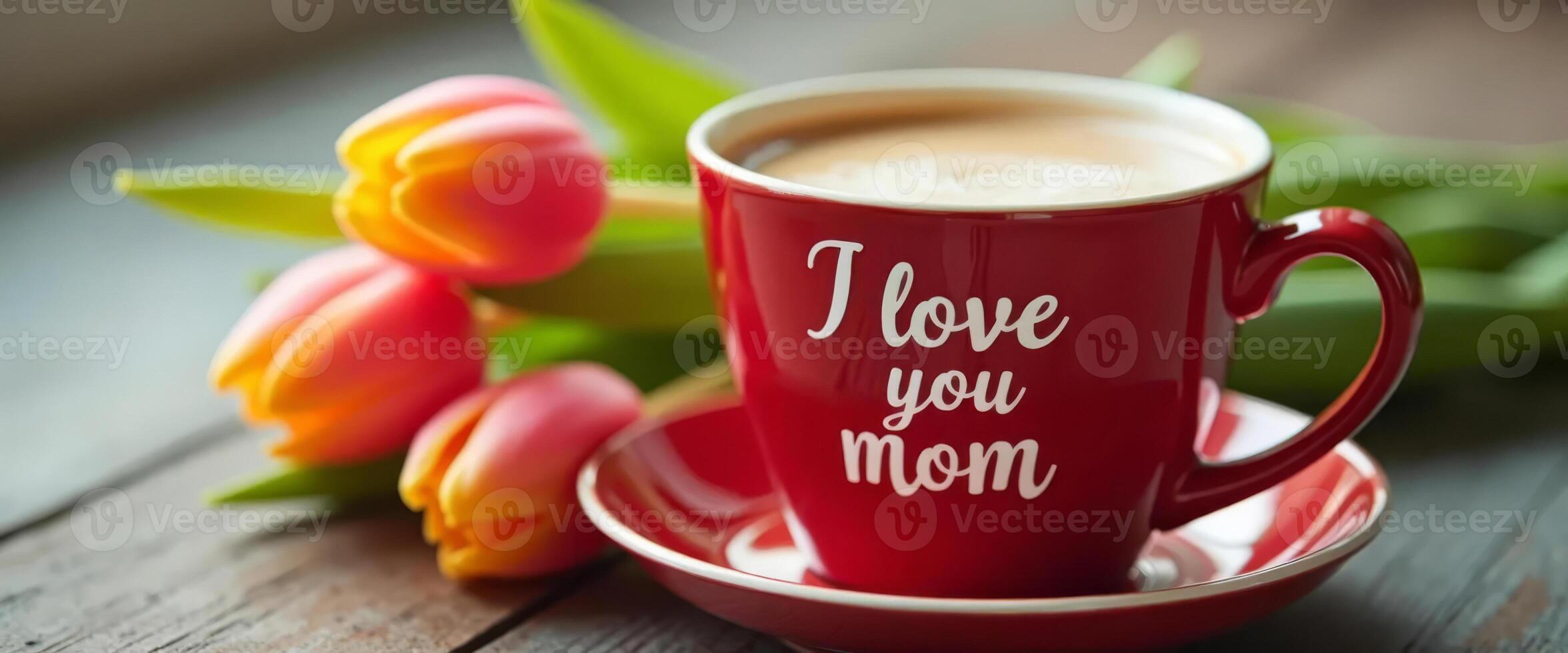 A cup of hot beverage with I Love You Mom text and bouquet of tulips on a rustic wooden background. photo