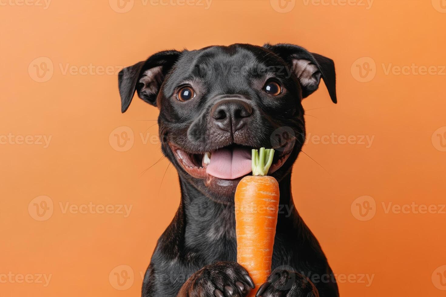 Adorable dog holding a carrot on a pastel orange background, closeup with copy space. Pet care and nutritious food. photo