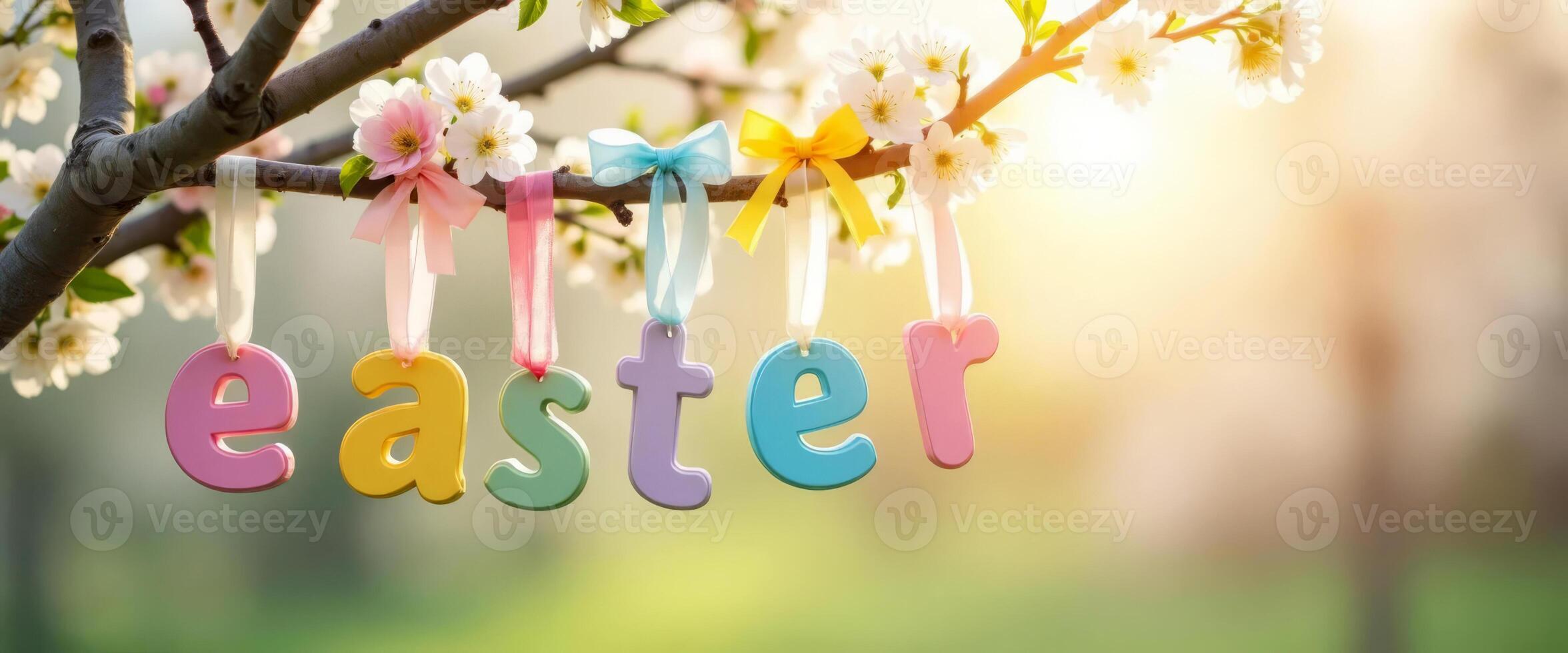 Easter greeting card with the word Easter on a blossoming branch in the garden. Easter banner. photo