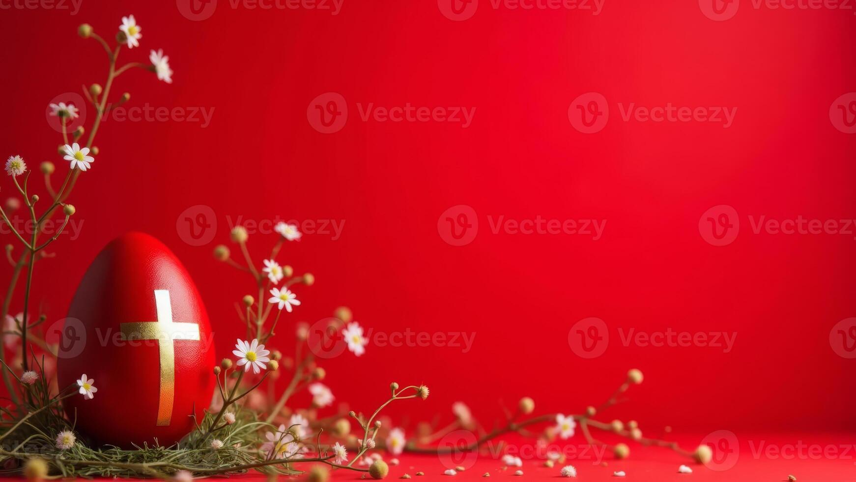 Red Easter egg with a gold cross and daisies on red background. Festive design in a minimalist style. photo