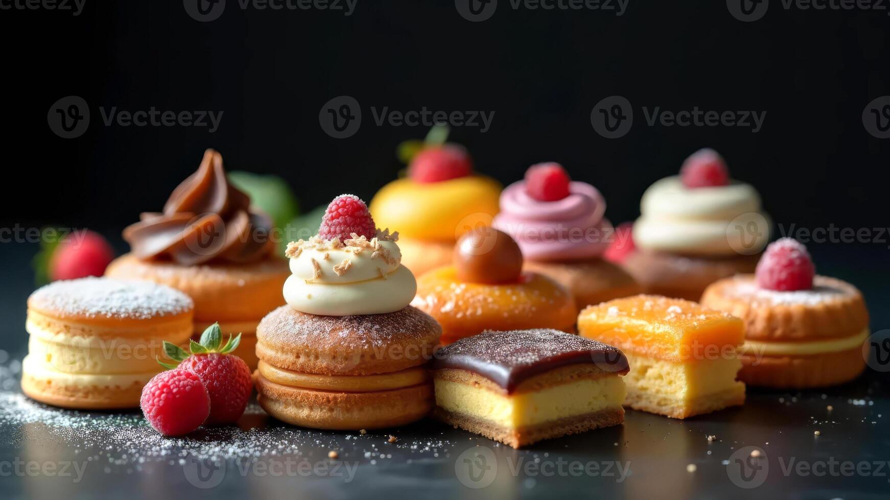 Set of various pastries and desserts on a black background. photo