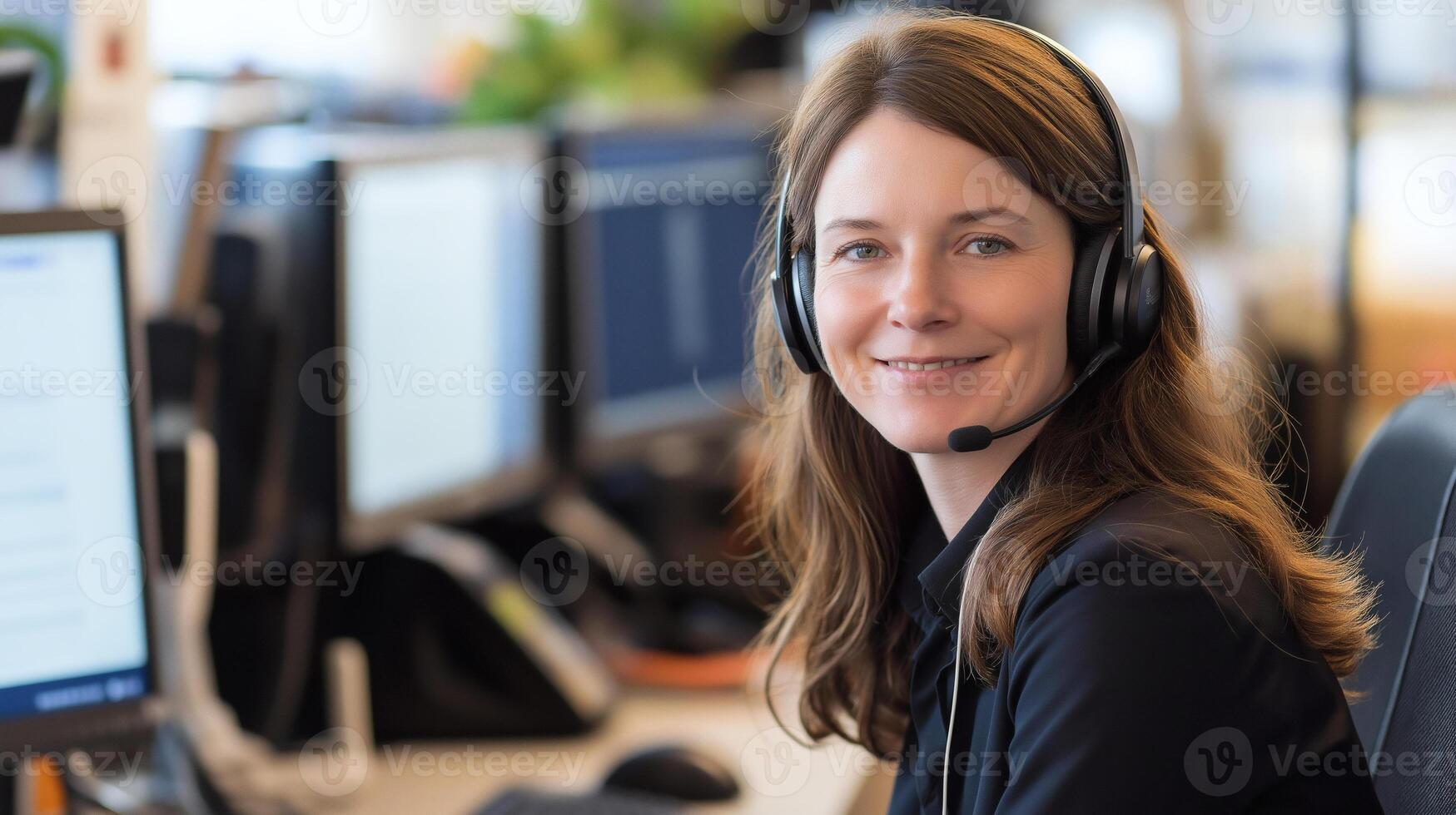 Smiling Woman with Headset at Customer Support Desk photo