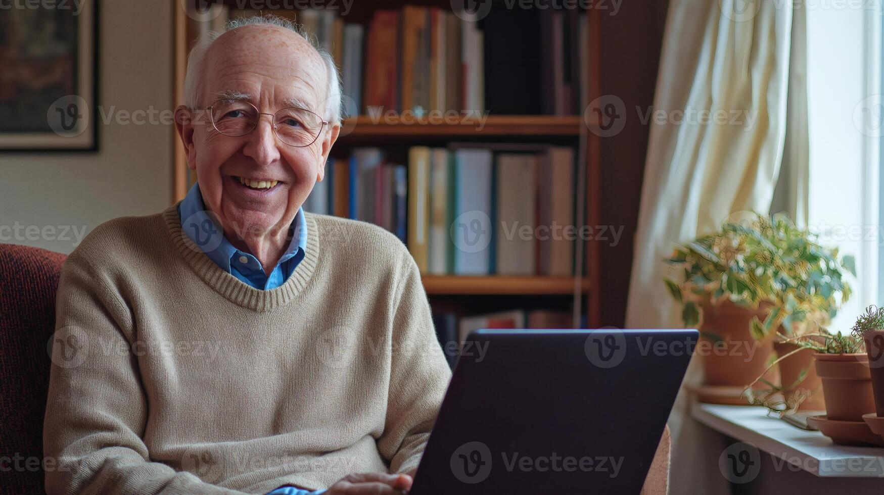 Elderly Man Smiling with Laptop at Home photo