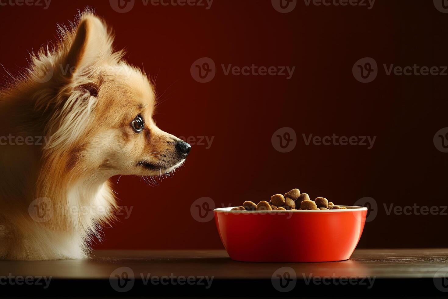 Cute Dog Looking at Bowl of Dry Food photo