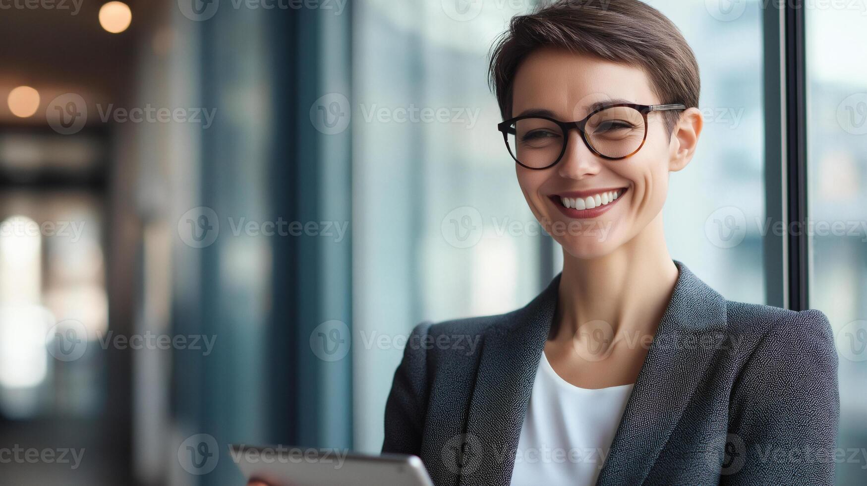 Smiling Businesswoman in Modern Office with Tablet photo