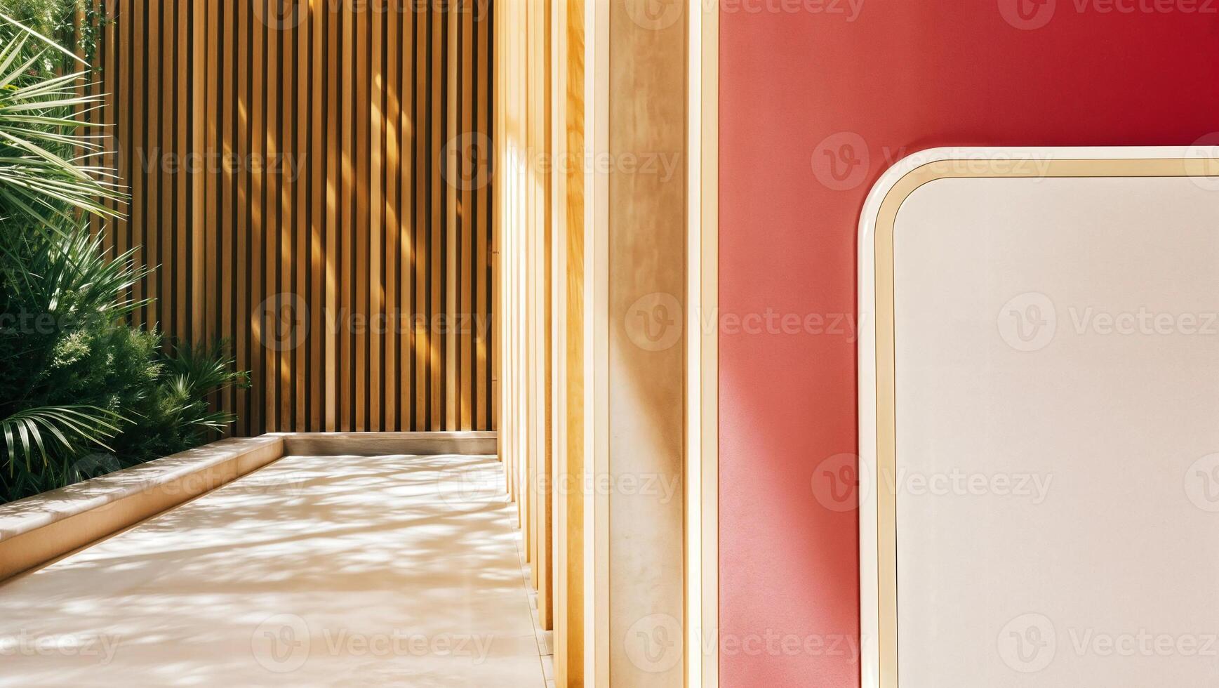 Modern Architectural Exterior with Red and Wooden Elements photo