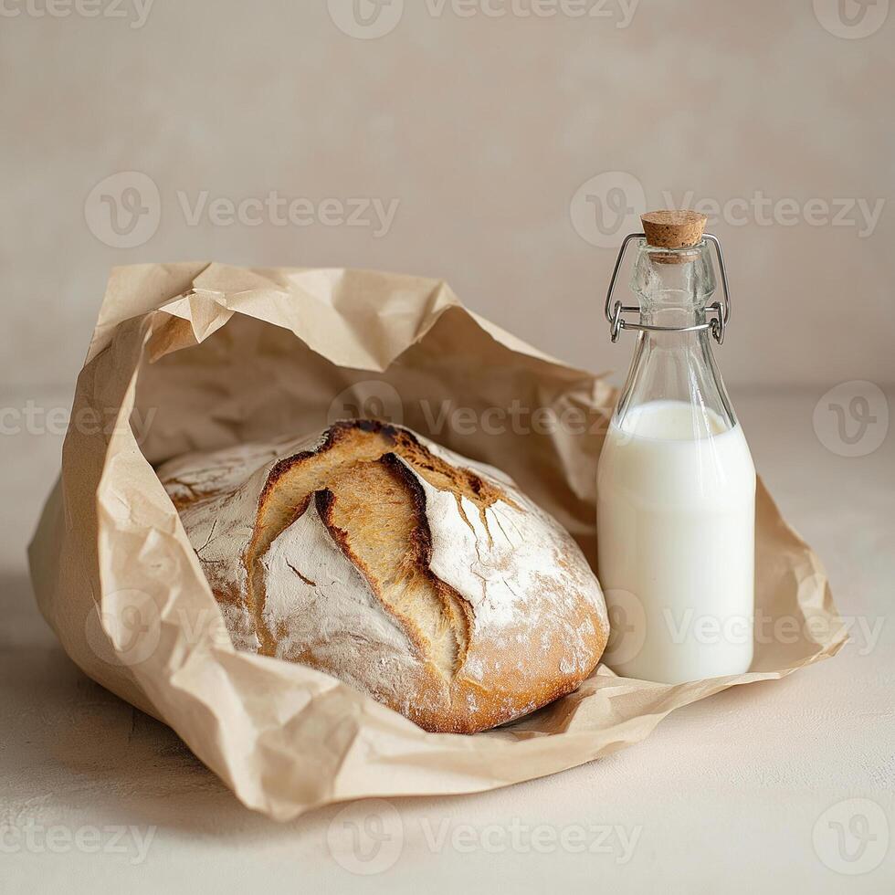 Rustic Bread and Milk on Paper Bag photo