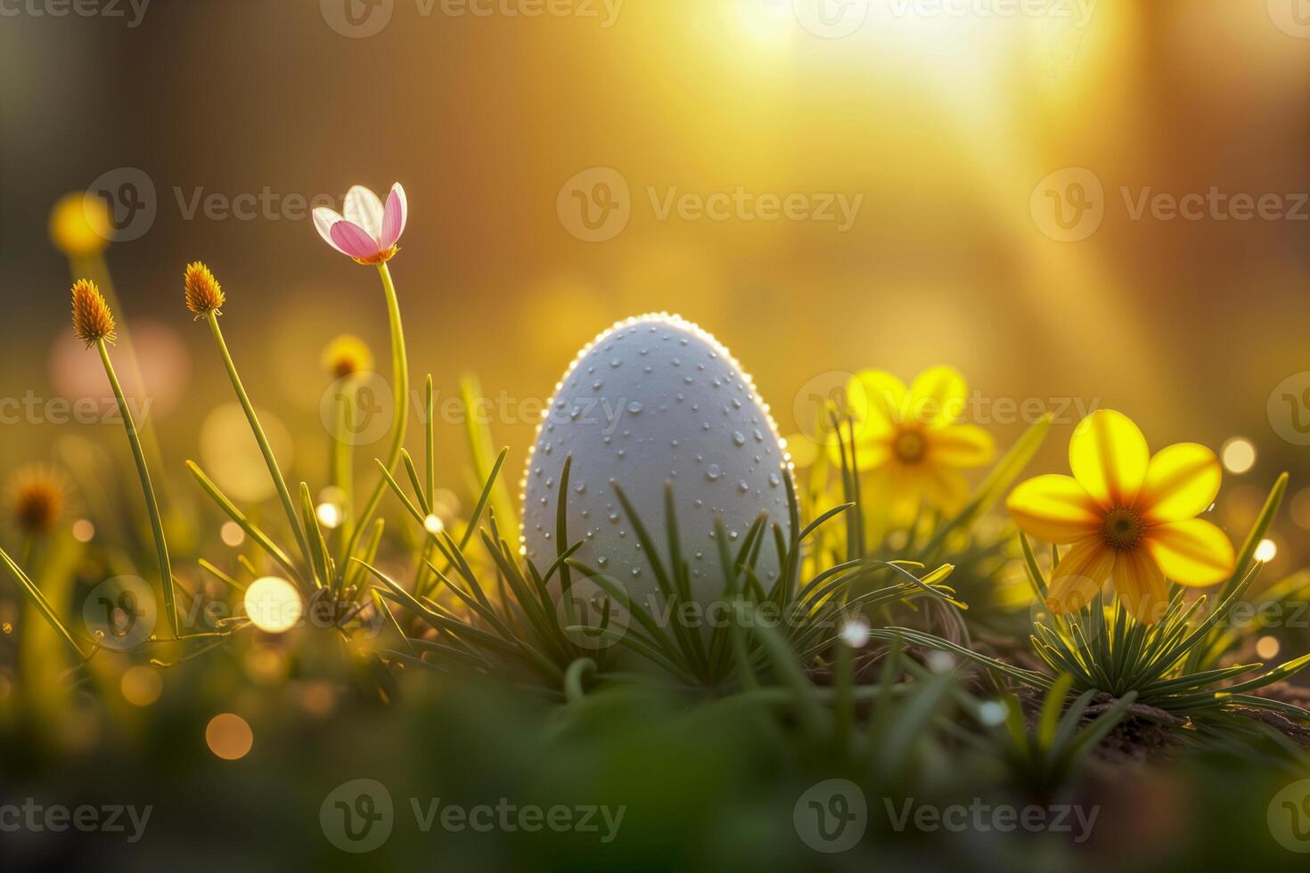 Easter egg covered in dewdrops among sunlit grass and flowers. photo