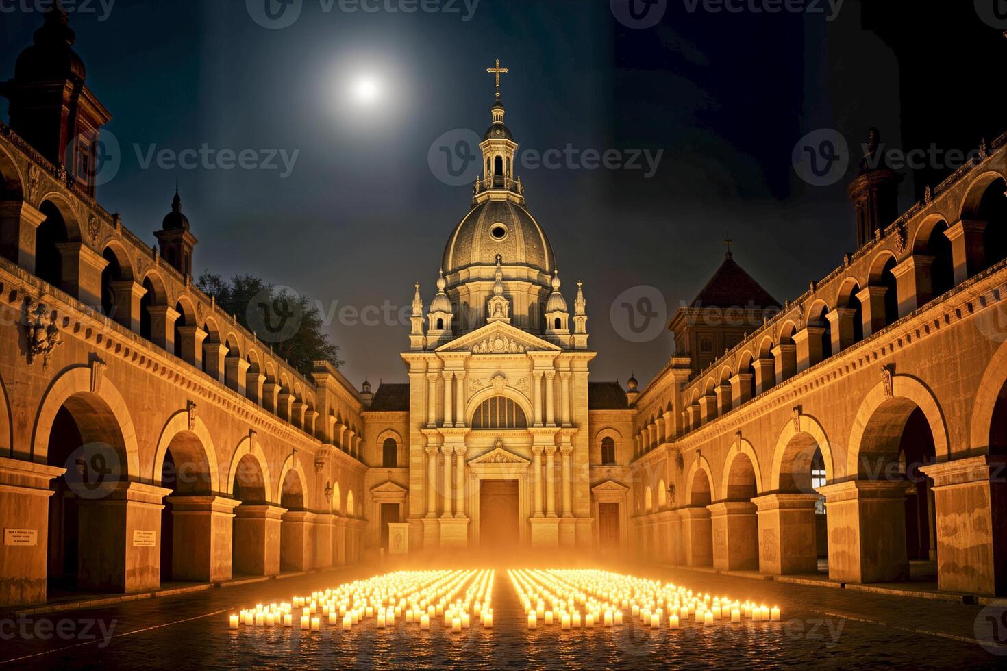 Majestic church illuminated by Easter candles under moonlit night. photo