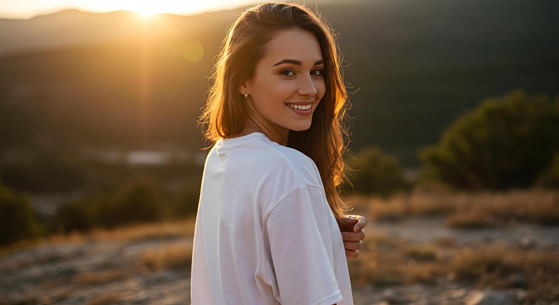 Smiling young woman basking in the golden hour light on a hilltop - Generated using AI photo