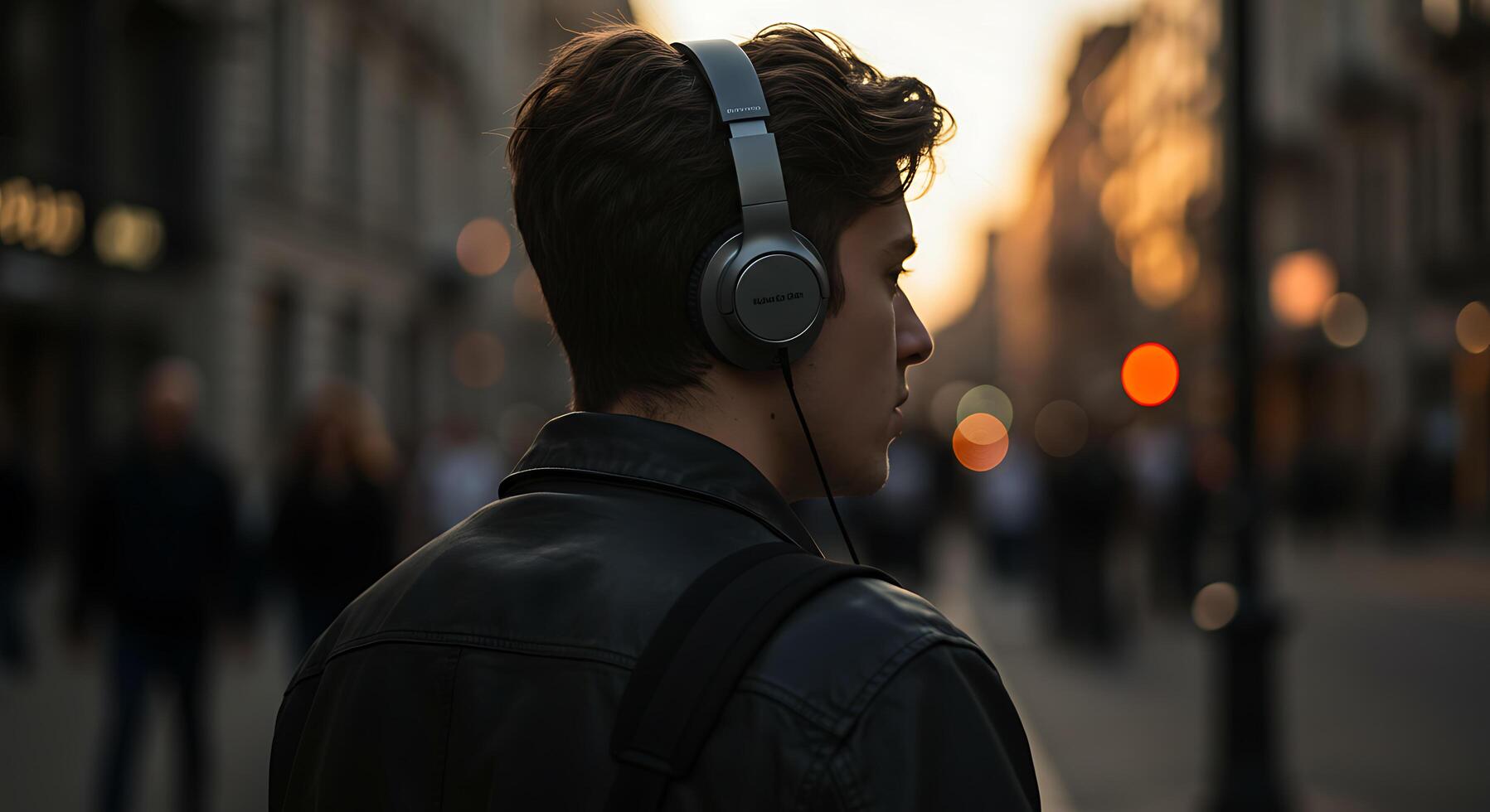 Pensive young man enjoying music on a city street with blurred lights - Generated using AI photo