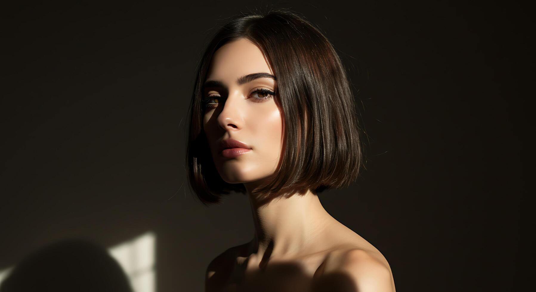 Striking portrait of a woman with sleek bob, bathed in chiaroscuro light - Generated using AI photo