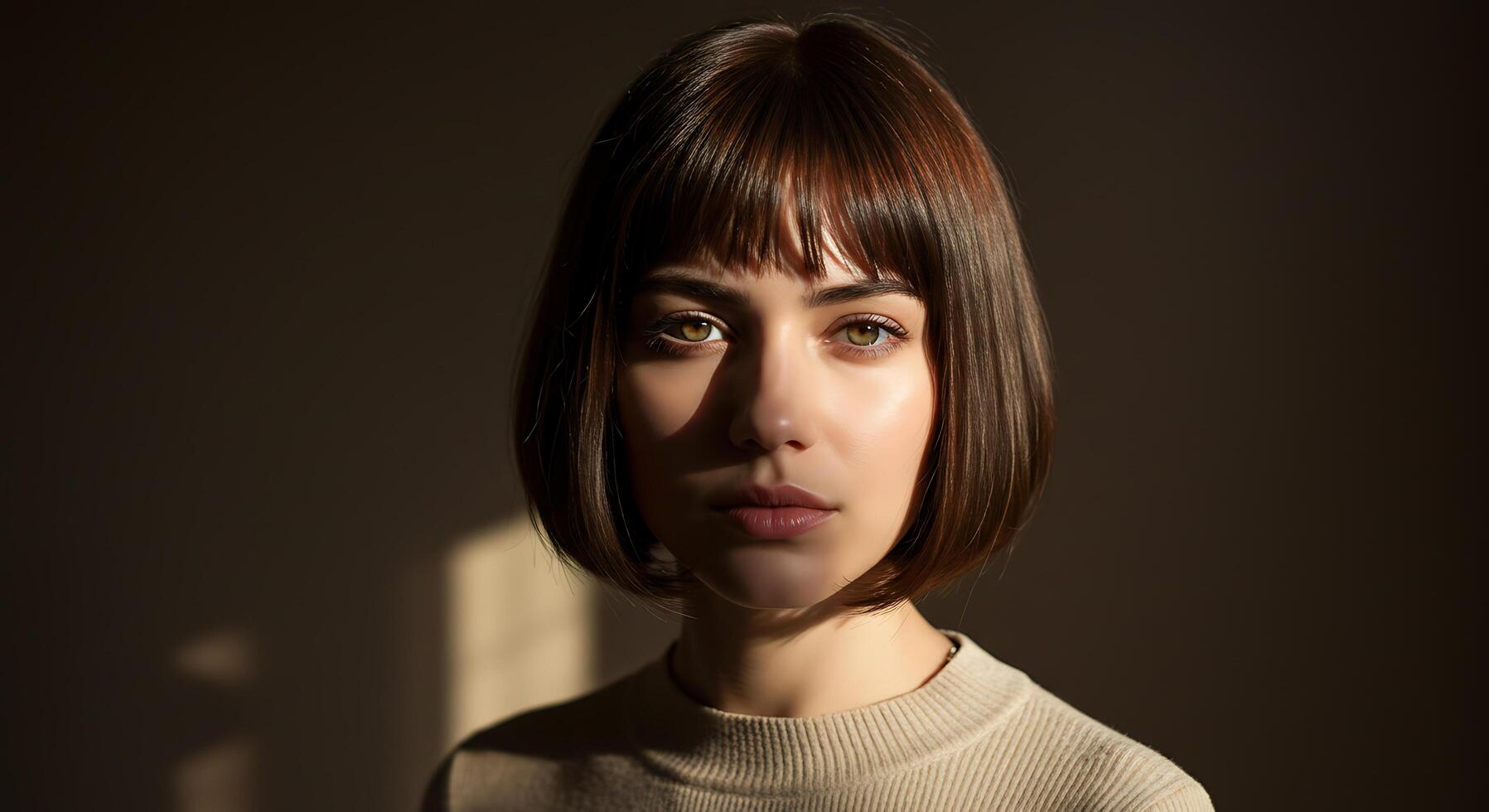 Portrait of a woman with a bob haircut bathed in sunlight - Generated using AI photo
