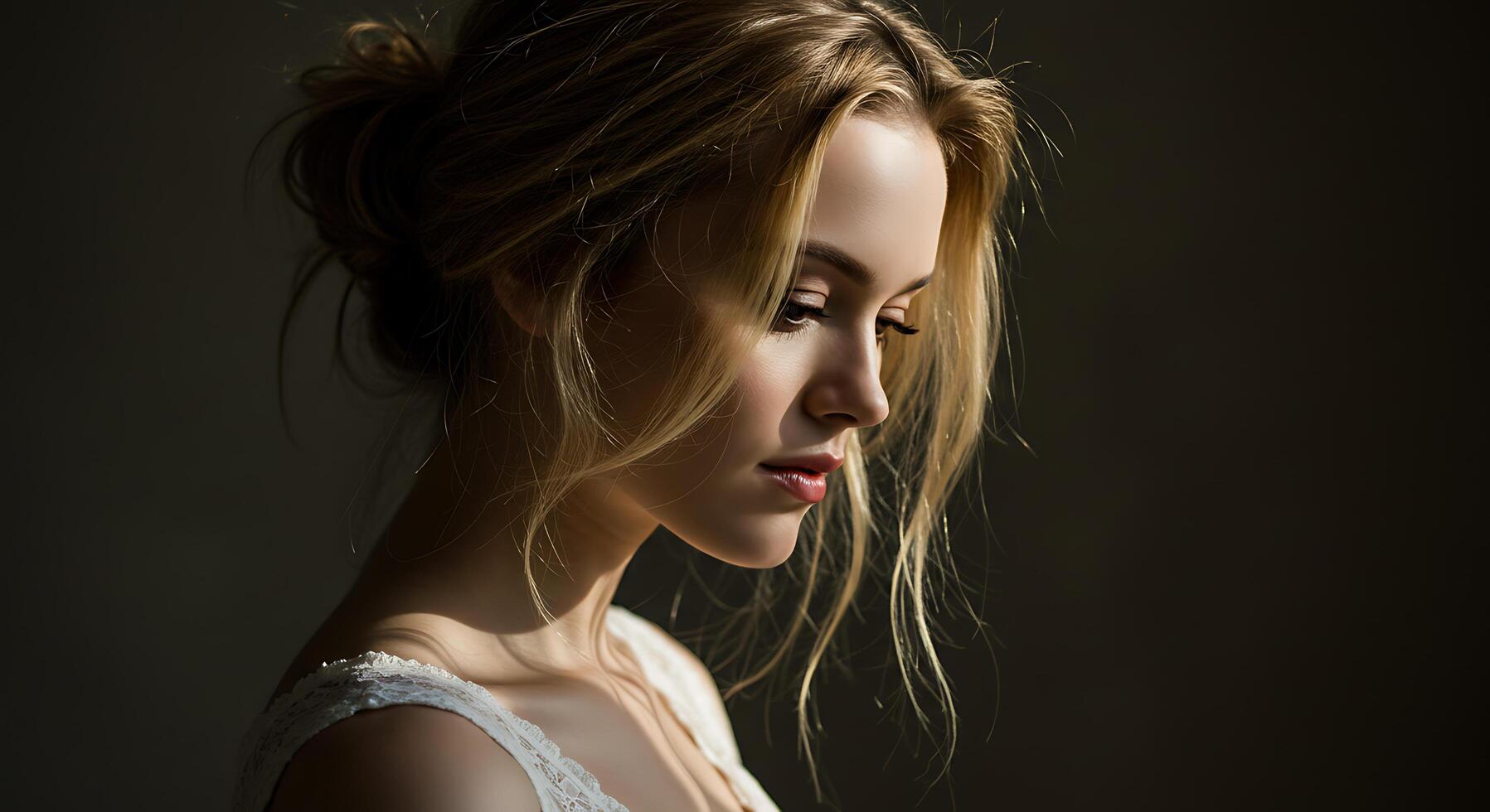 Intimate portrait of a pensive woman with soft lighting and shallow depth - Generated using AI photo