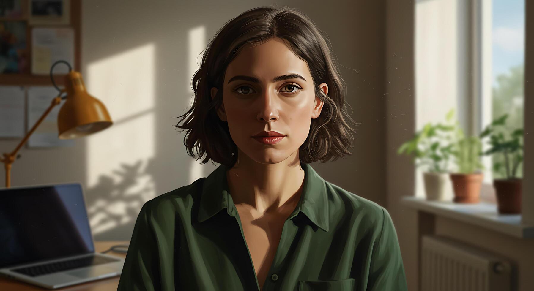 Portrait of a confident woman in a bright workspace at home - Generated using AI photo