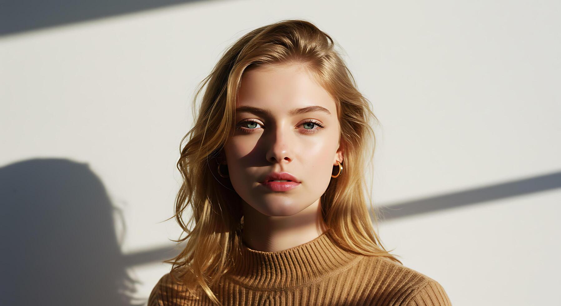 Portrait of a striking young woman in sunlight with a serene expression - Generated using AI photo