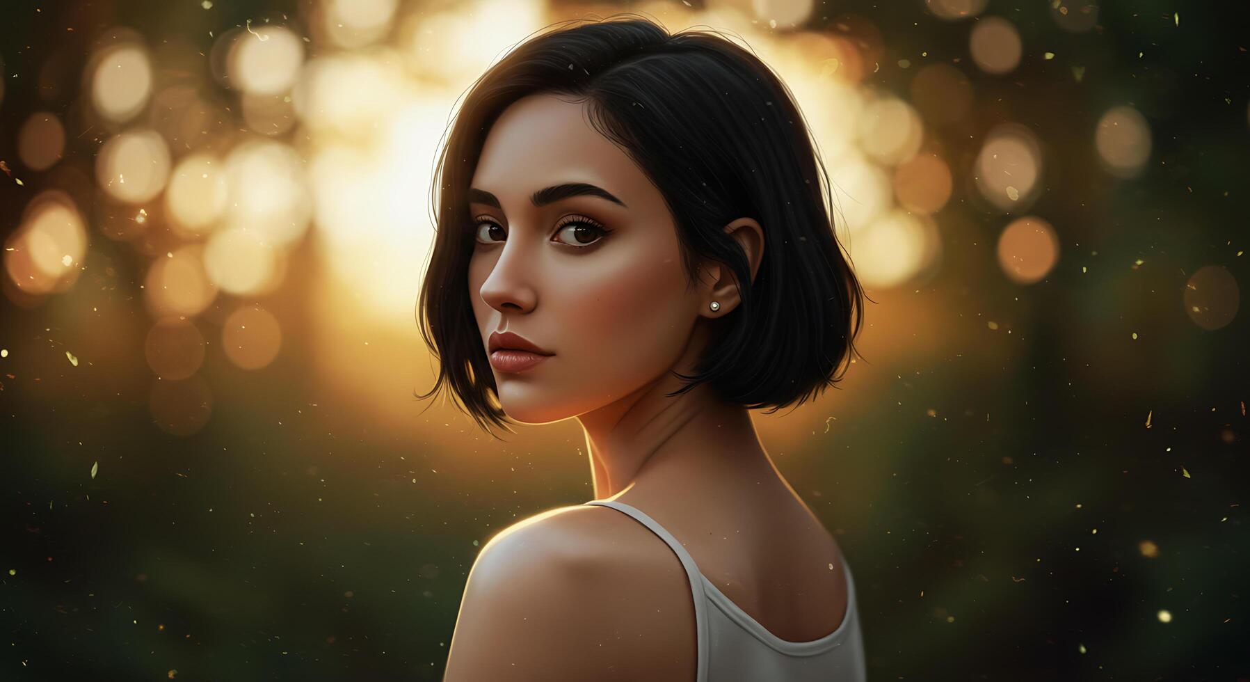 Captivating gaze of a young woman with blurred background and soft golden light - Generated using AI photo