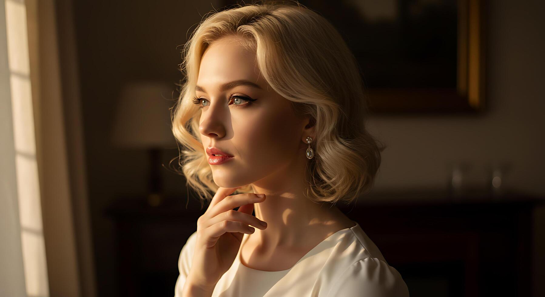 Elegant woman with blond hair gazes pensively towards light - Generated using AI photo
