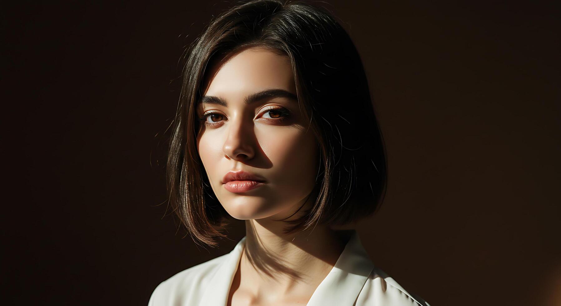 Portrait of a thoughtful young woman with a bob haircut - Generated using AI photo