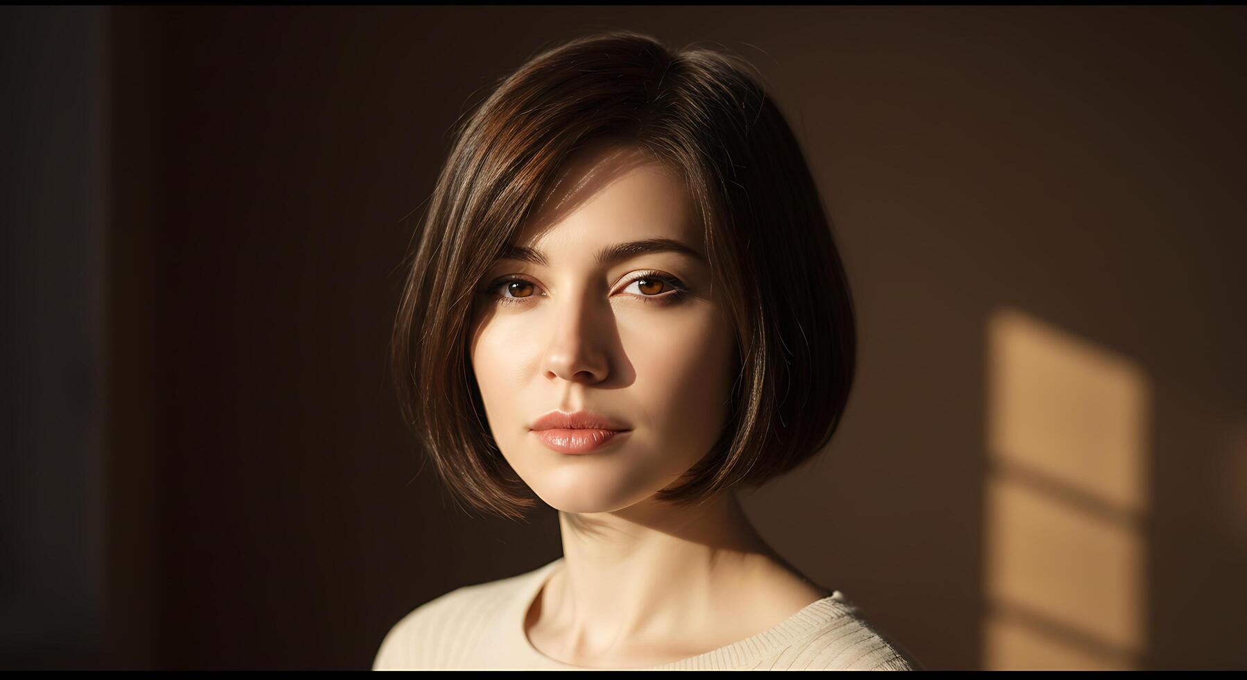 Serene portrait of a young woman with a bob haircut, illuminated by warm light - Generated using AI photo