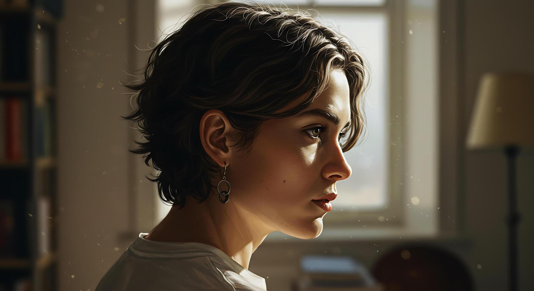 Portrait of a serene woman gazing into the distance with soft, warm lighting - Generated using AI photo