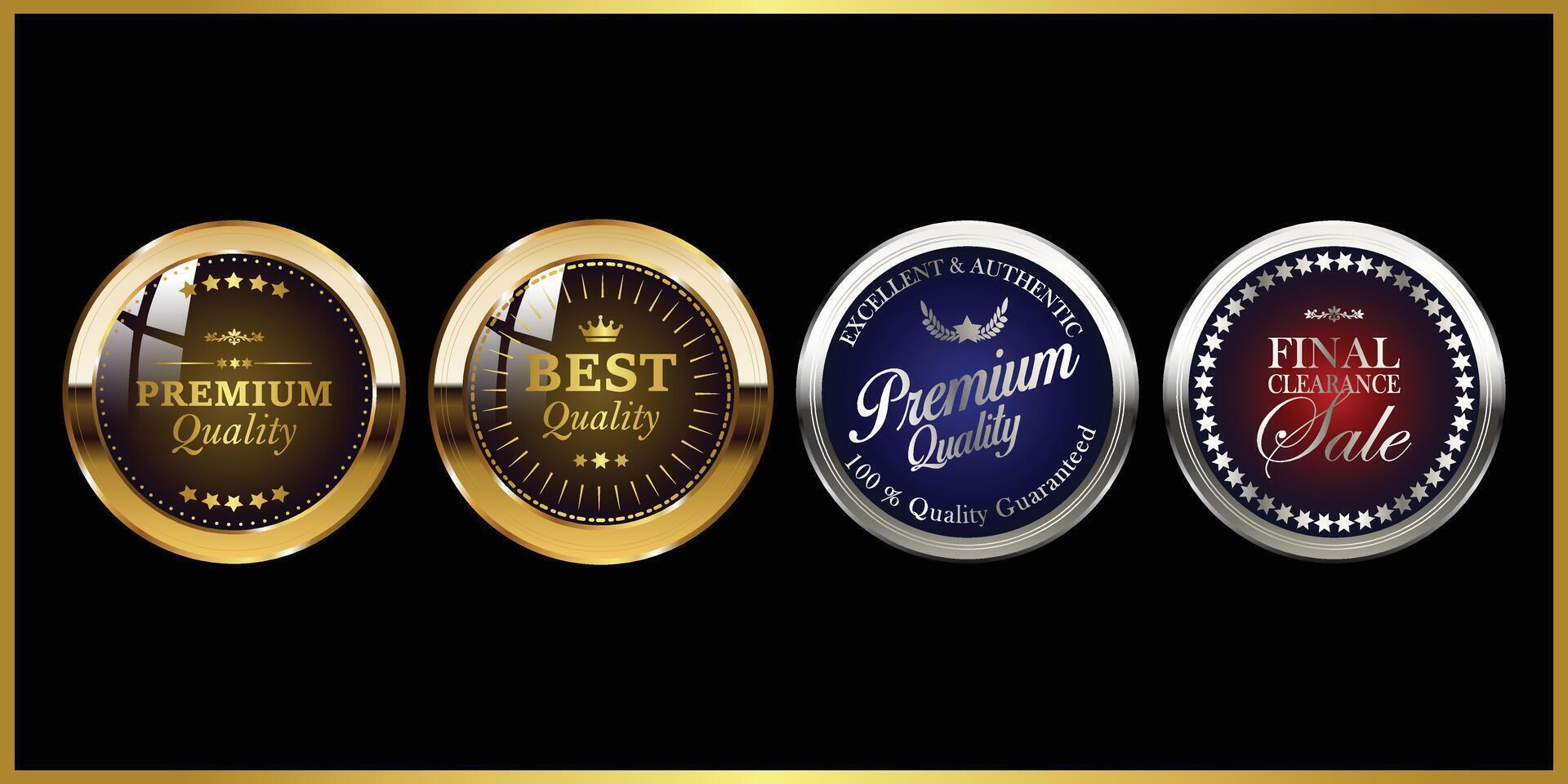 Luxury premium golden and silver badges and labels . Premium quality stamp, gold labels and best offer badge. Best quality winner badges set vector