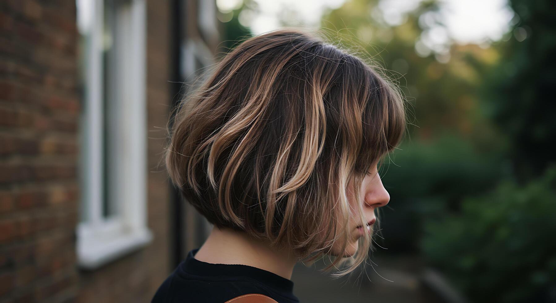 A young woman showcases a textured UK-style bob with highlighted layers - Generated using AI photo