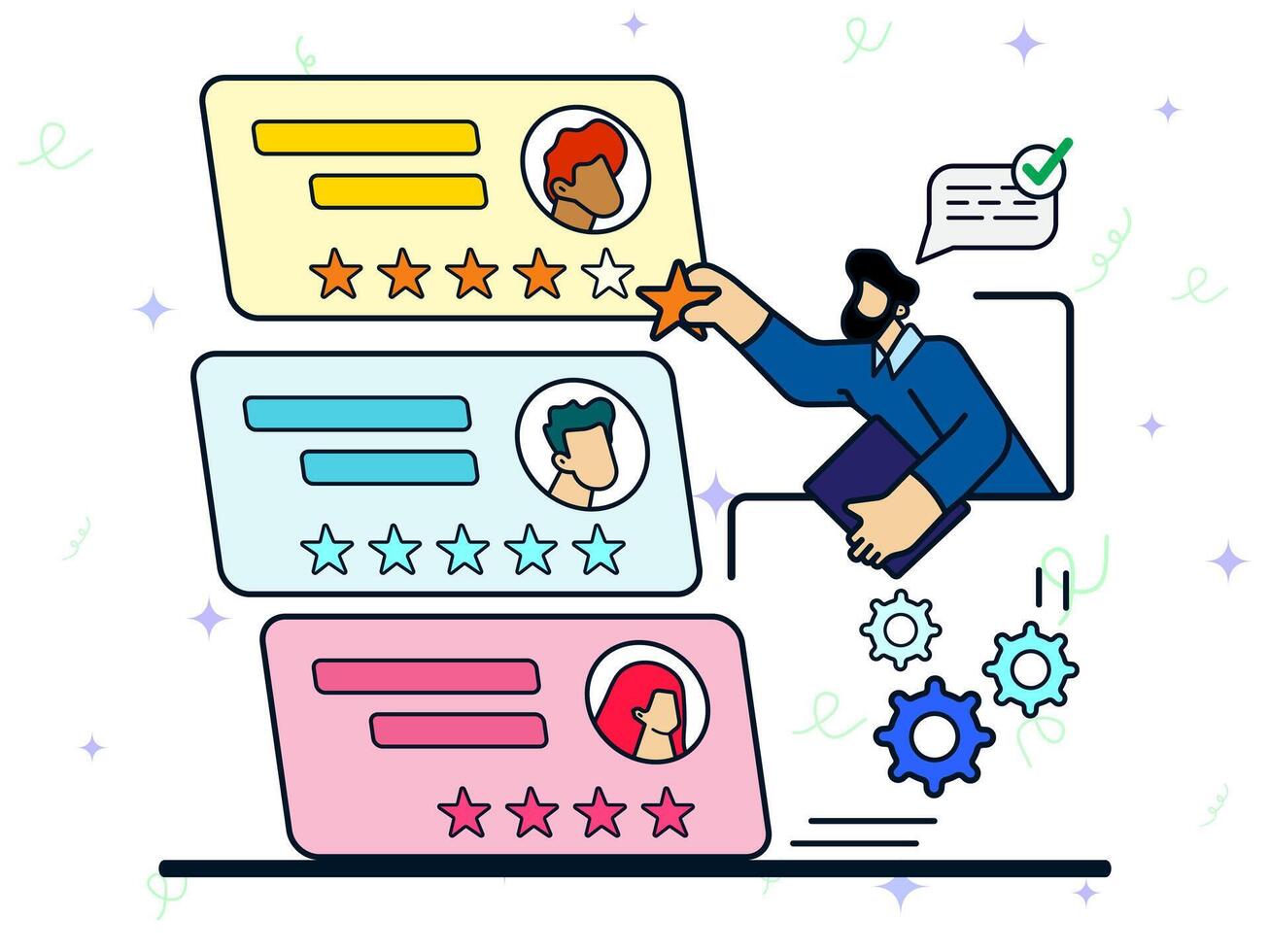 Performance rating concept. Man of director bring star symbol to giving for employee profile. Review, high quality, evluation, reputation vector
