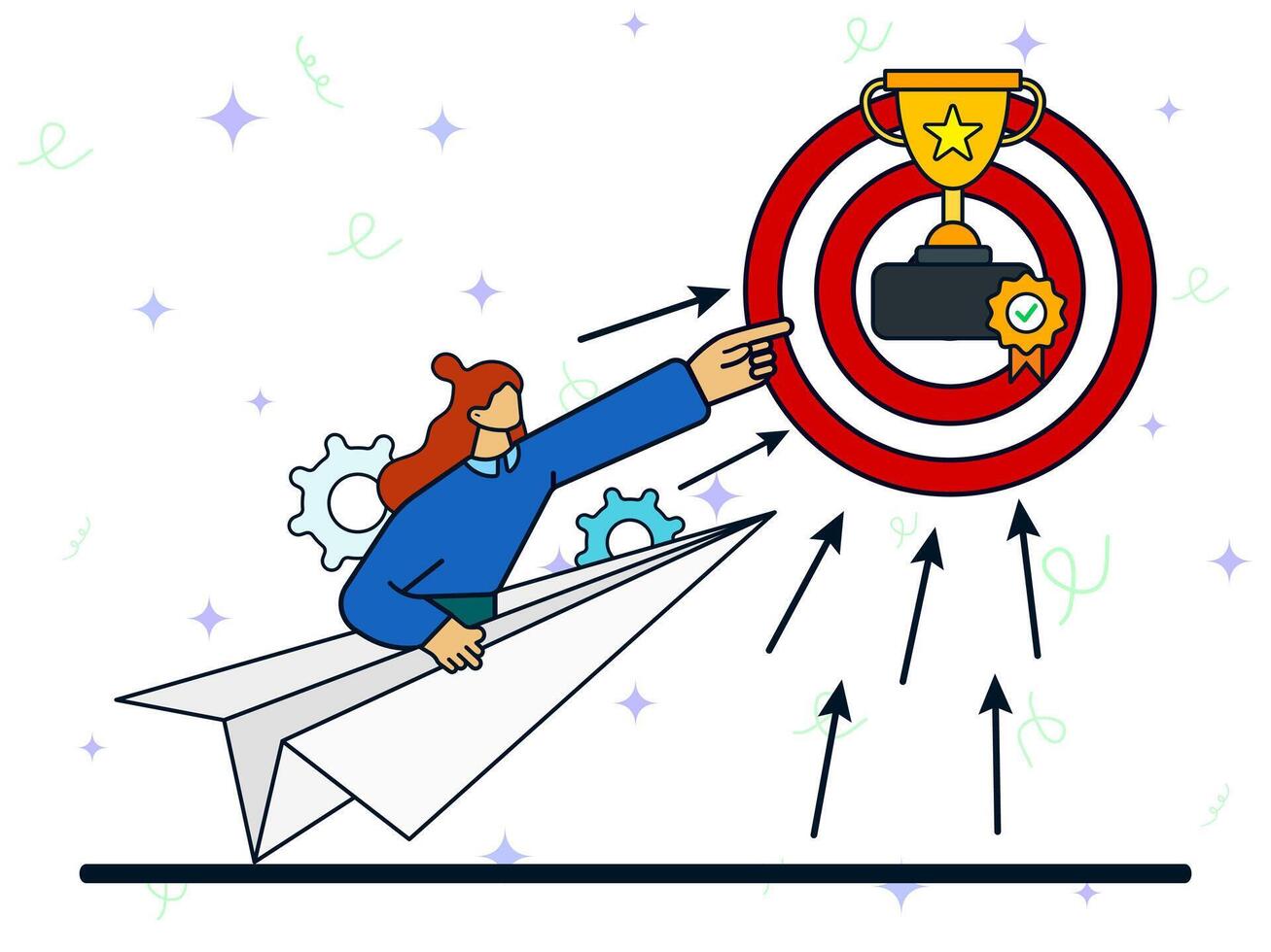Motivation of success concept. Target achievement, reaching goal or success, planning strategy, challenge or aspiration to win. Businesswoman people riding paper airplane. vector