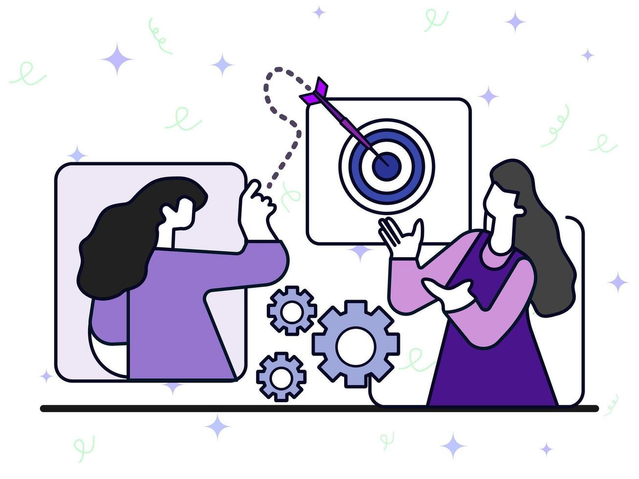Business goals concept. Two young woman discuss about development of business strategy. Work system, market improvement, effective planning. vector