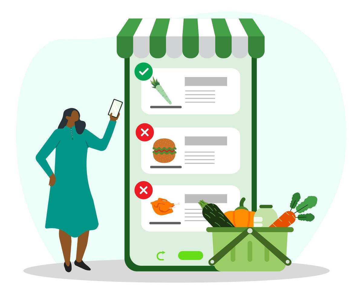 Healthy lifestyle concept. Woman buy healthy food and ignore junk food on online shopping with vegetables and milk on cart. Nutritious food, natural diet. vector