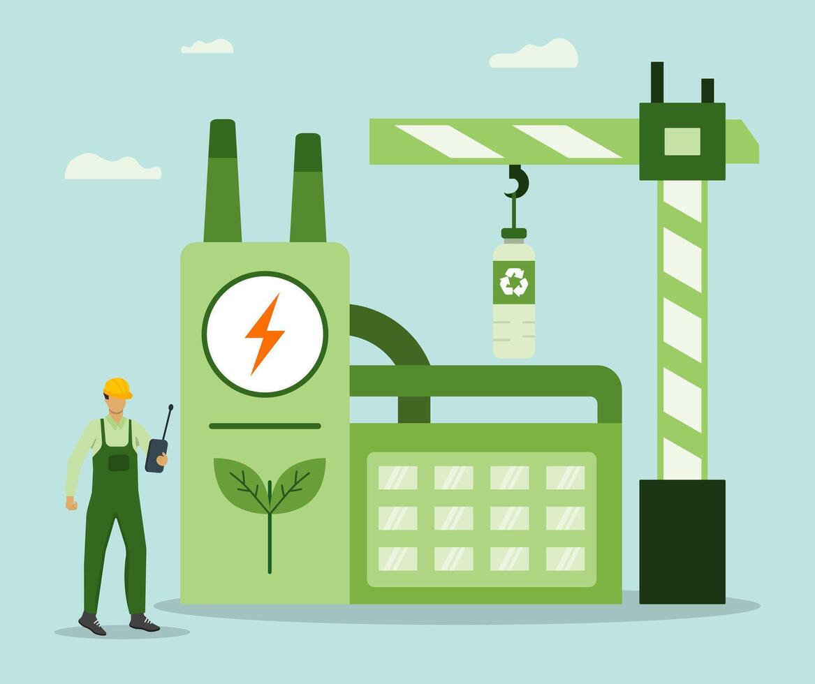 Technician monitoring construction of factory based on green ecology. Recycled product, green industry, eco green vector