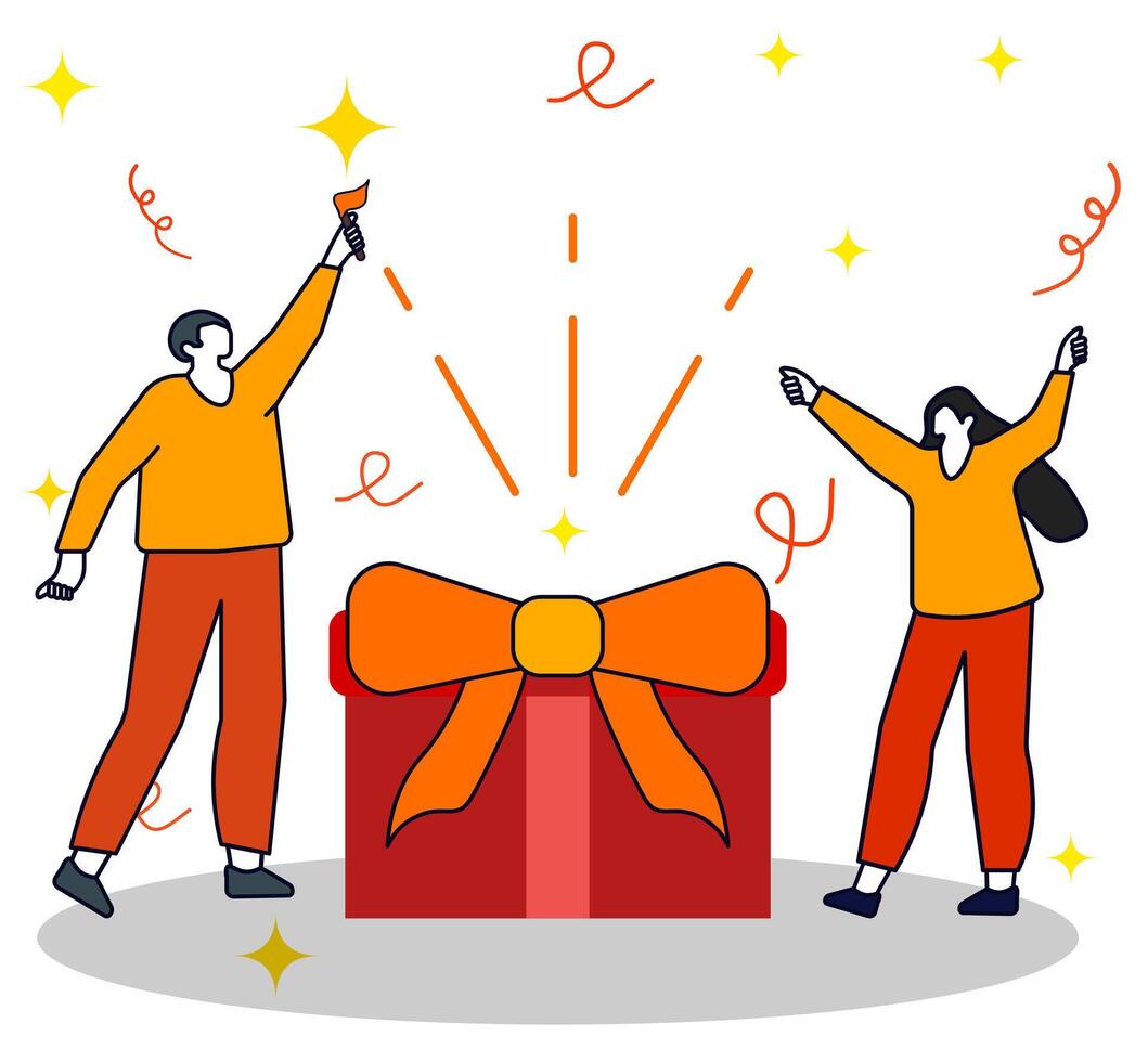Man and woman celebrate on party with big gift box. vector