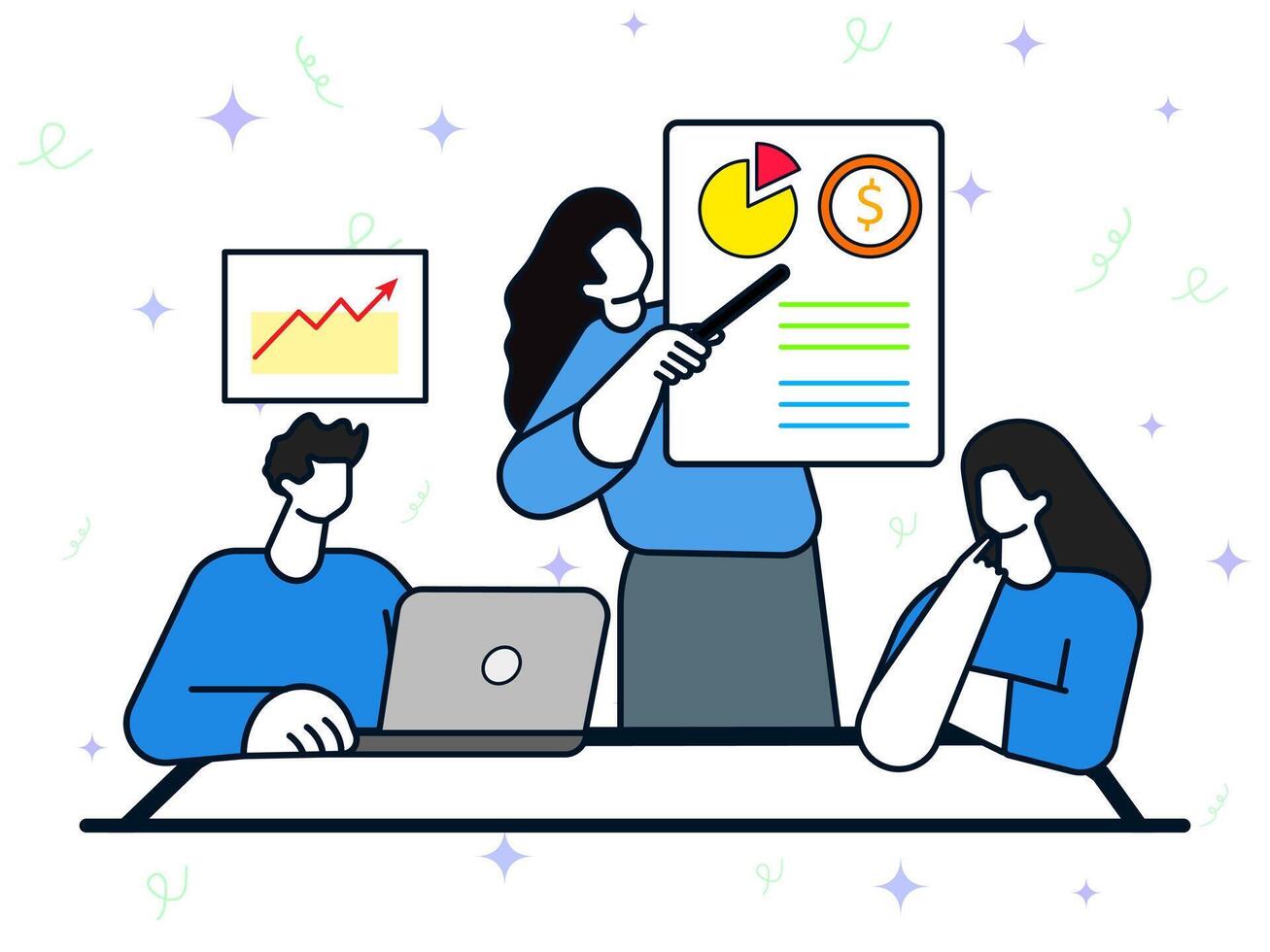 Presentation with clients concept. Businesswoman tell to team and client about business growth. Creative project presentation, successful project, educational process, sharing idea. vector
