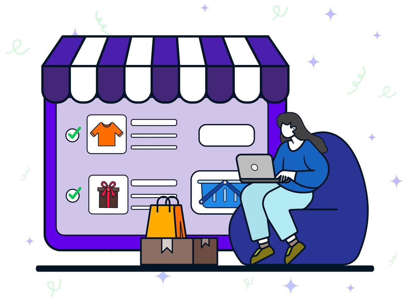 E commerce platform concept. Woman using laptop to choosing goods, making order. Online shopping, shop, cart, payment, digital, online, buy, sell, marketplace, retail, commerce. vector