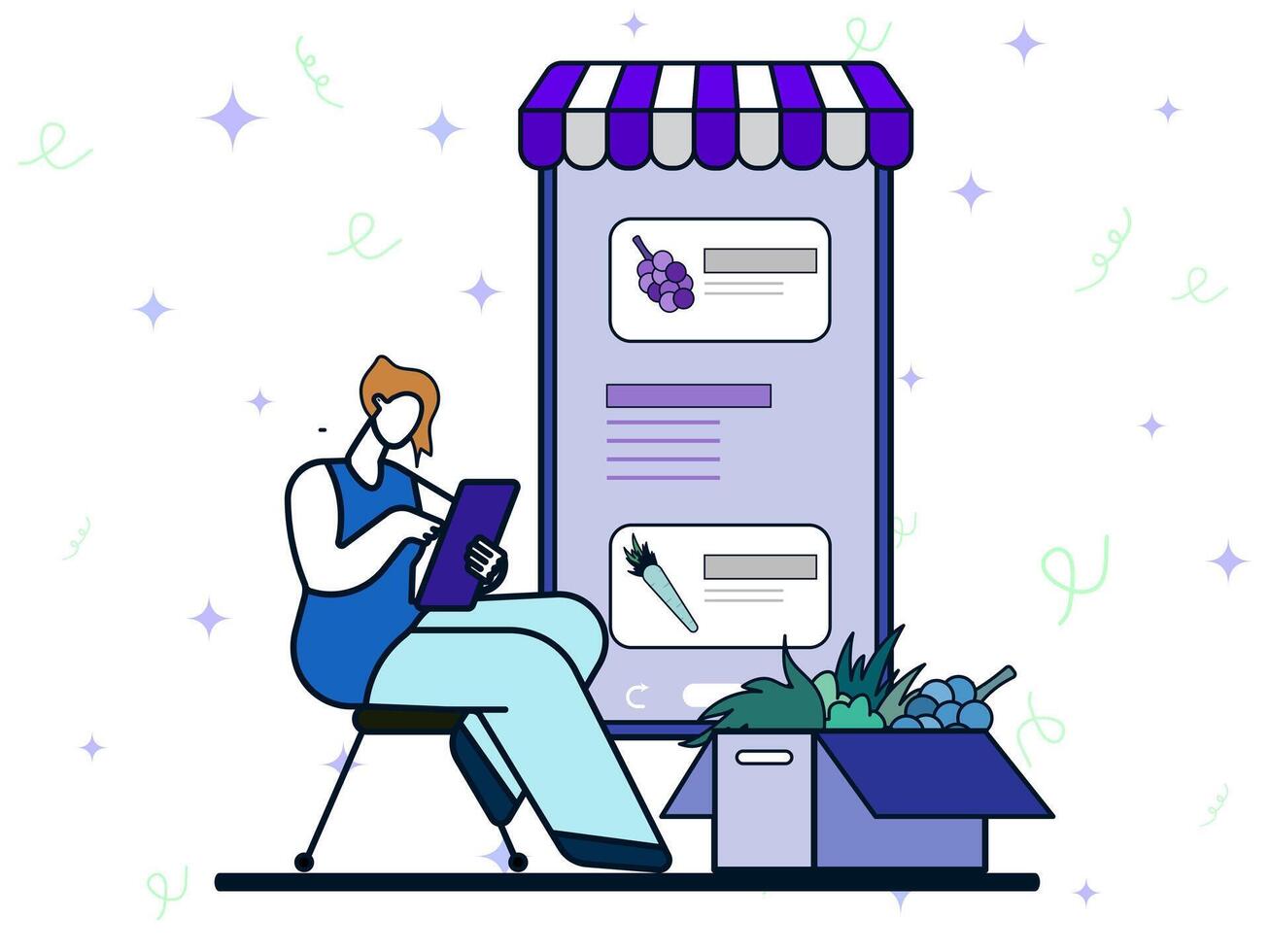 A Woman using a smartphone to order fresh vegetables and fruits on online groceries shop. Healthy food, digital, shopping, mobile, marketplace. vector