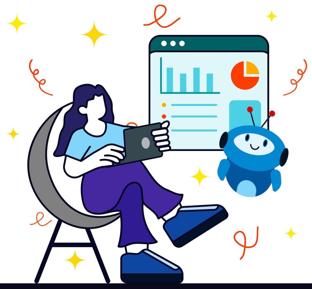 Woman using laptop to looks at business diagram with AI robot helping to collect statistics and information. Artificial intelligence application. vector